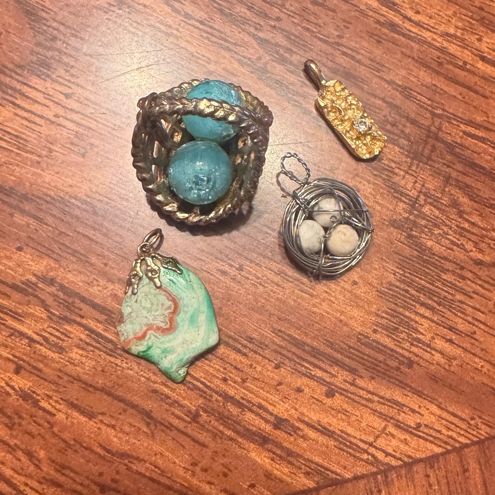 4 necklace charms robin egg basket, egg basket, stone charm and gold charm